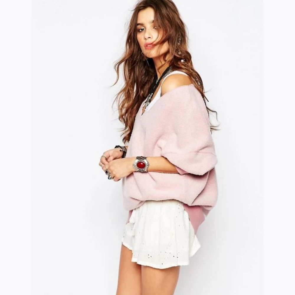 Free People Oversized Blush Pink Off-Shoulder Sweater